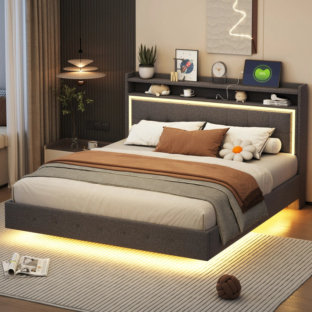 Letto matrimoniale 160 × 200 cm con USB, LED e contenitore in testiera, senza materasso, grigio