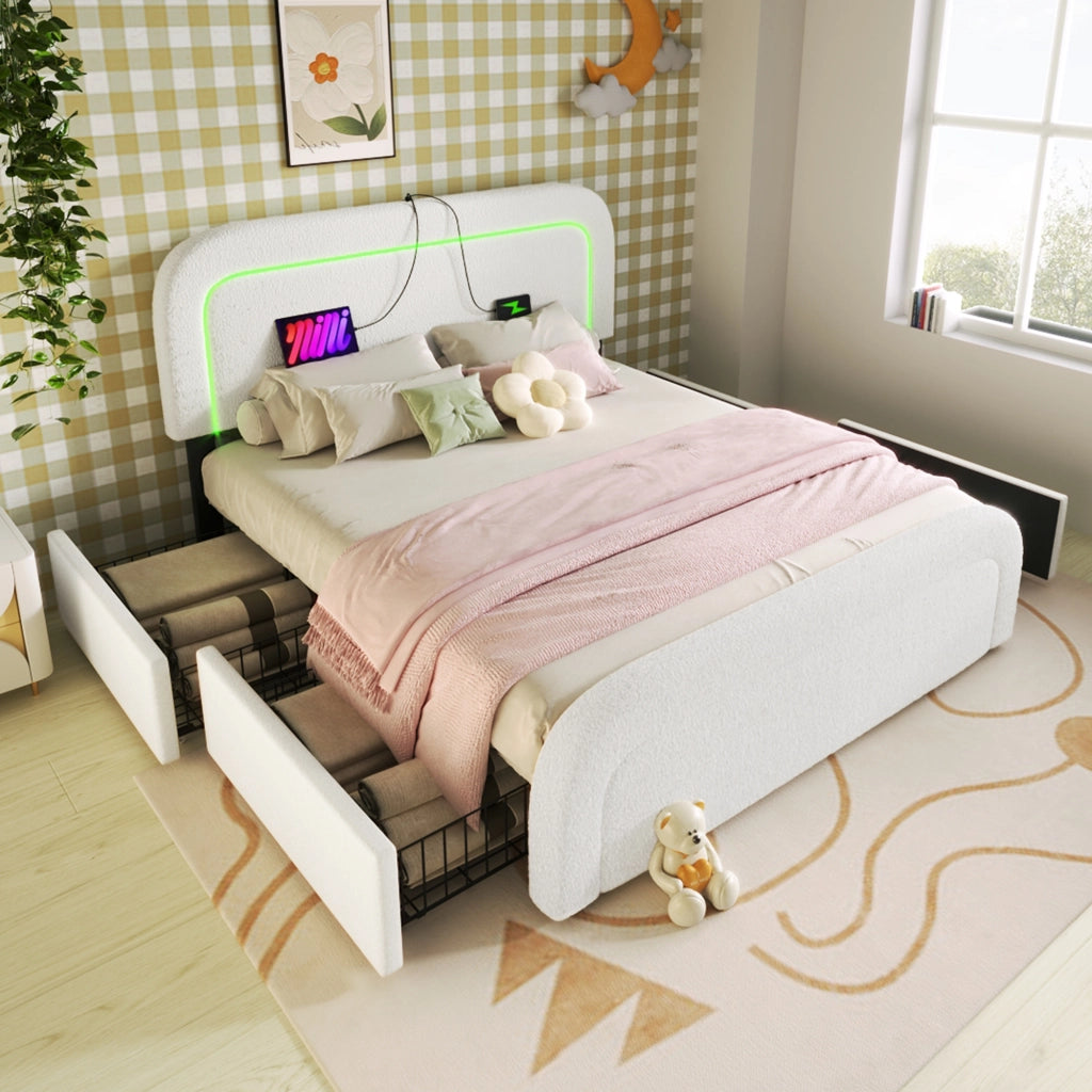 OKWISH Letto con Cassetti 140×200 cm, Letto Matrimoniale con USB, Type-C, LED Regolabile e 4 Cassetti, senza Materasso, in Sherpa, Bianco