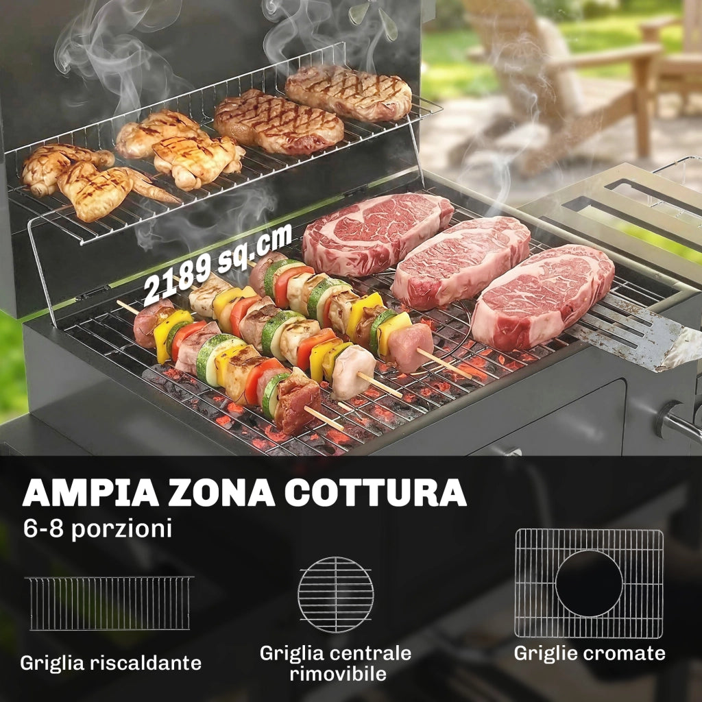 Barbecue a Carbone a Rotelle con Griglia Regolabile e Ripiani Pieghevoli, in Acciaio e PP, 133.5x65x110 cm, Nero