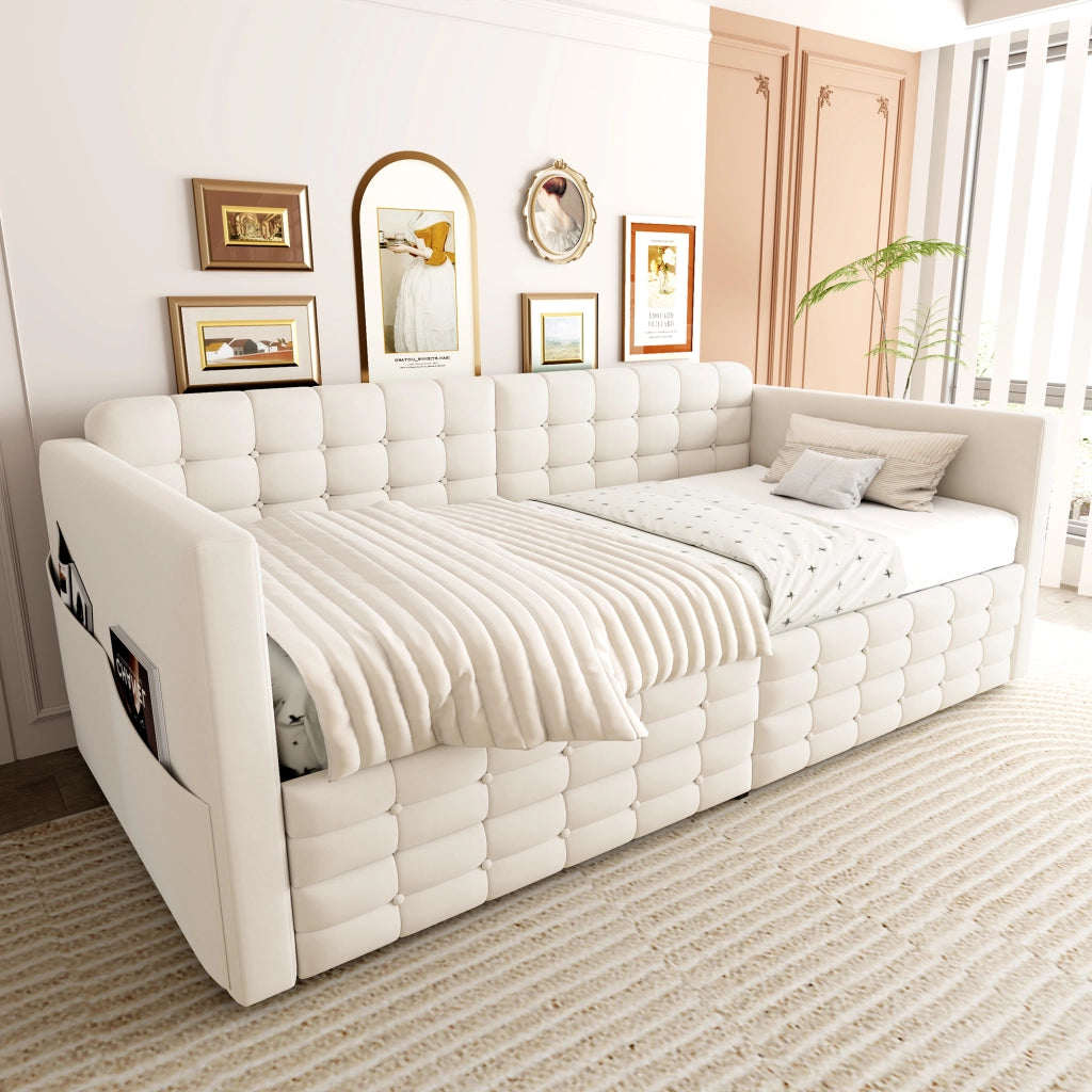 Letto panchina imbottito con 2 cassetti e tasche laterali LEMONMAX; 90x190 cm; sommier a doghe; velluto; beige