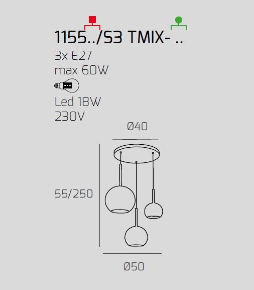 SOSP. OTTONE SAT. TONDA 3 LUCI VETRI 1 GRANDE CROMO+1 MEDIO TRASPARENTE+1 PICCOLO CROMO 1155OS-S3 TMIX-TC