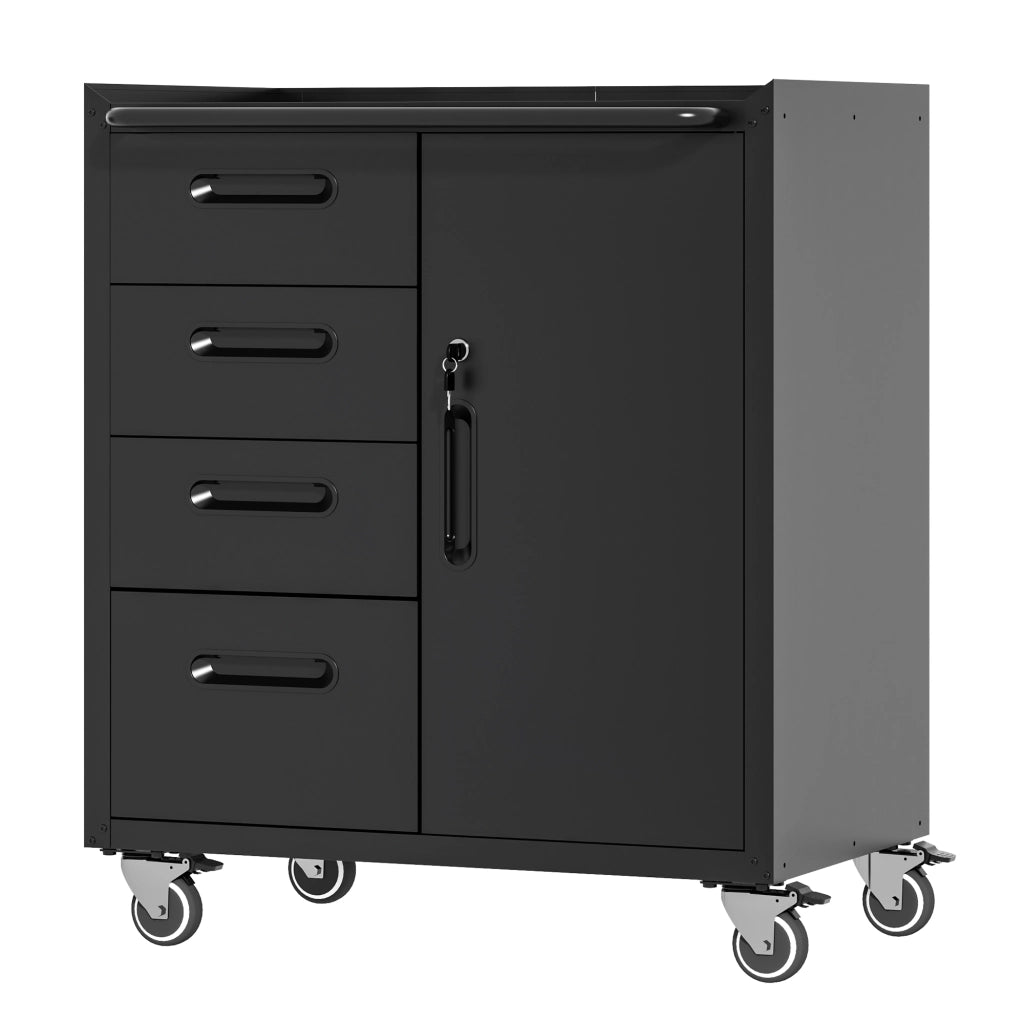 Armadio porta utensili in metallo con ruote, 75 x 42 x 88 cm, nero/grigio, con cassetti e vano chiudibile