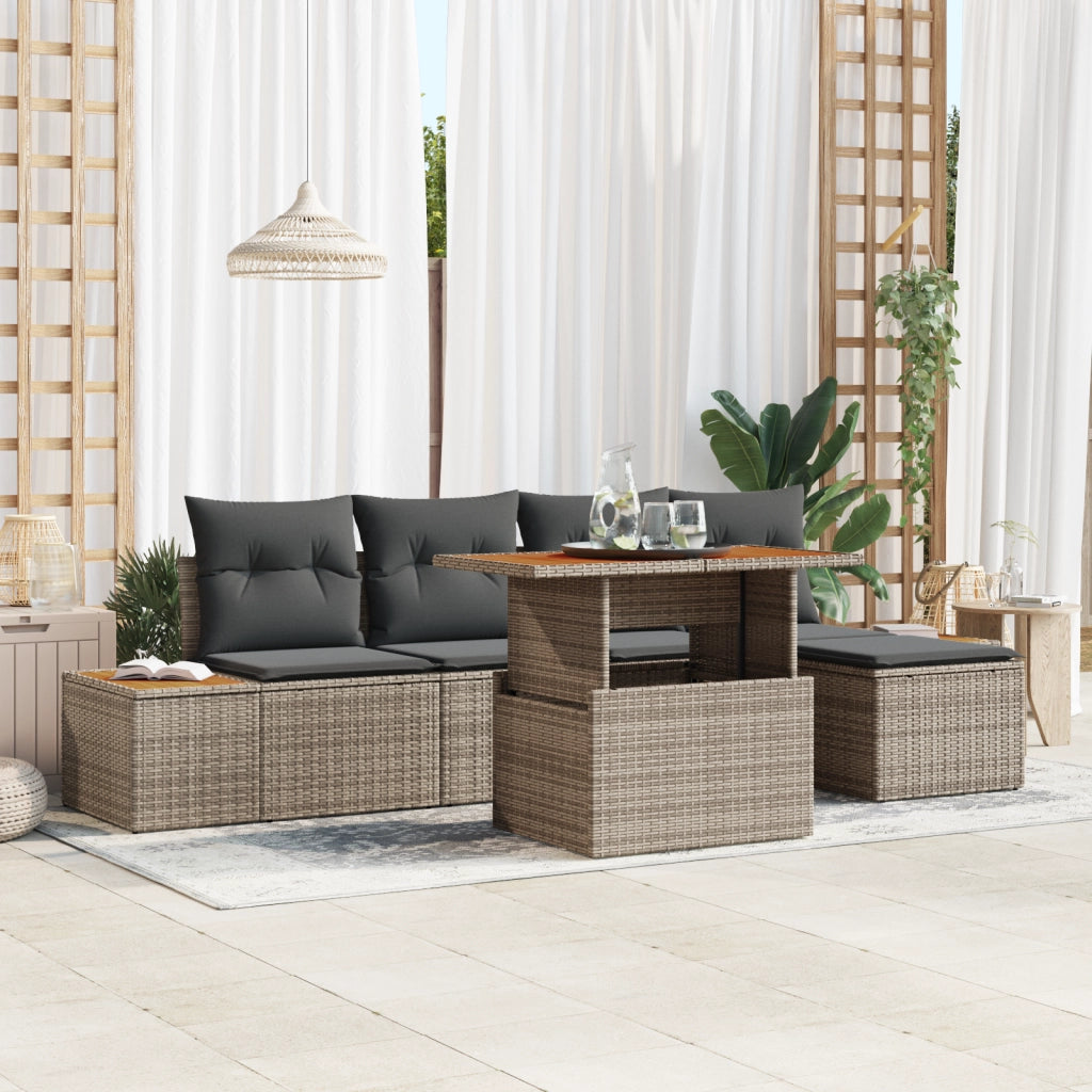 Set di Divano da Giardino  6 Pezzi con Cuscini Grigio Rattan Sintetico