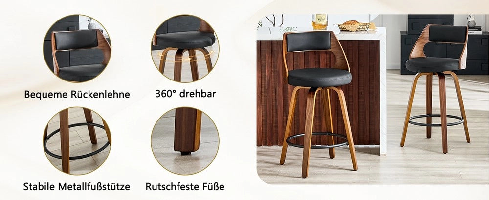 Set 2 Sgabelli da Bar con Schienale ¨C MINIMAL ¨C Legno e Ecopelle, 92 cm