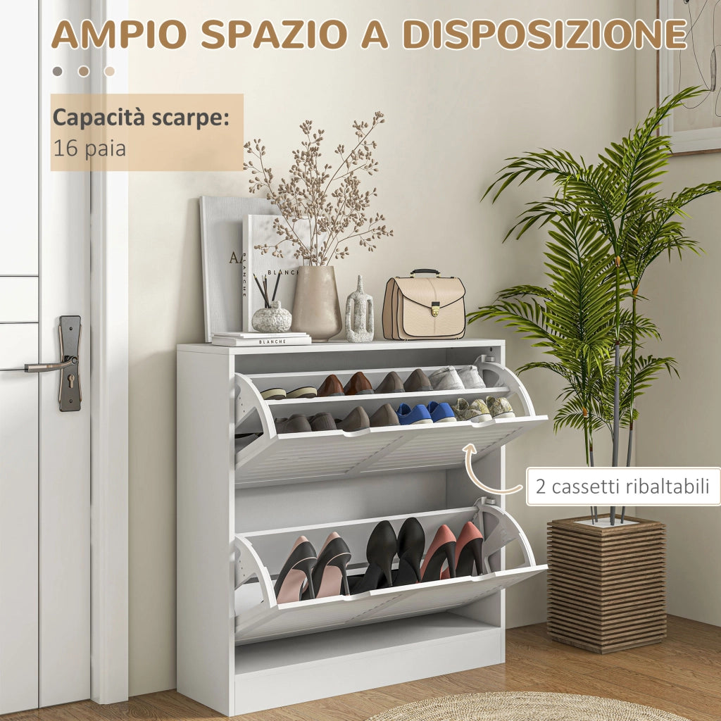 Mobile Scarpiera Salvaspazio in Legno per 16 Paia di Scarpe con 2 Ante a Ribalta, 81.5x25x83cm, Bianco