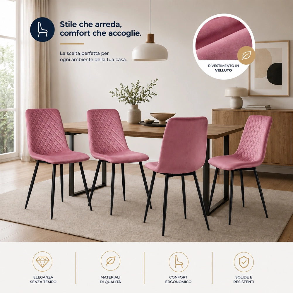 Set 4 Sedie Rosa con Rivestimento in Velluto e Piedi Neri Seduta Ergonomica