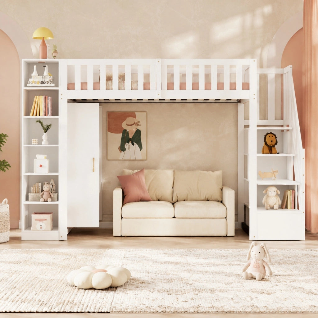 DESMIU Letto a soppalco 1 posto con armadio, scaffali e scala contenitore 90 × 200 cm, senza materasso, bianco