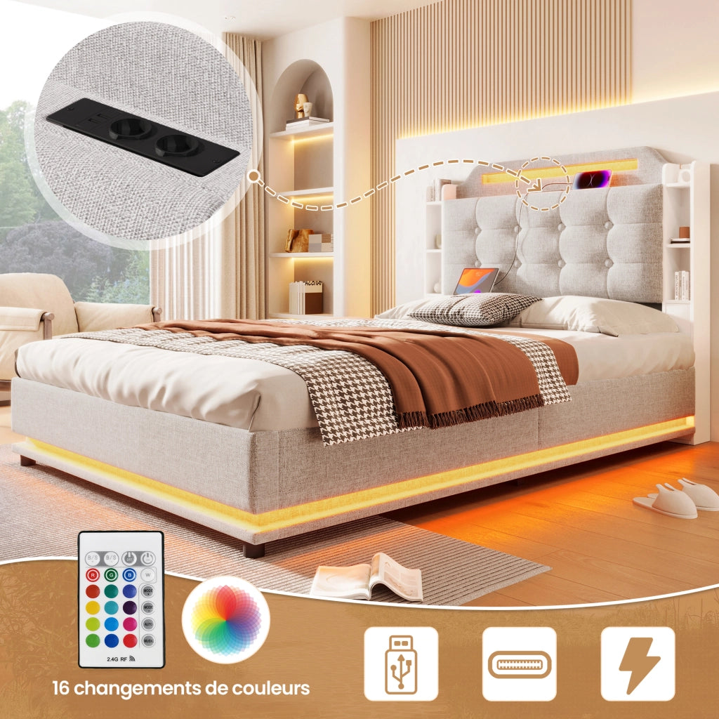 Letto Contenitore 140 x 200 cm - LED; USB; Tipo C e Vani Portaoggetti - Lino - Beige