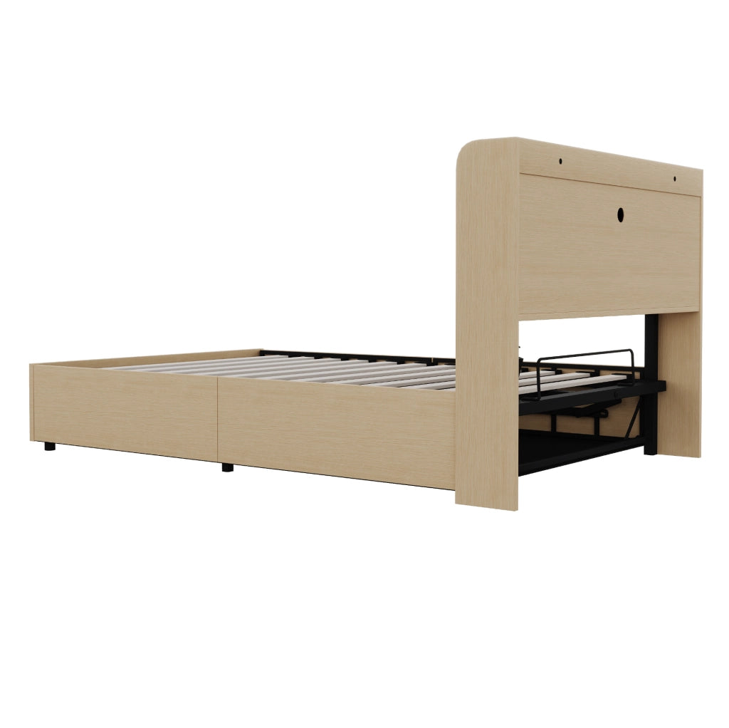 Letto con contenitore idraulico 140x200 cm in MDF; legno naturale; con testiera portaoggetti e USB