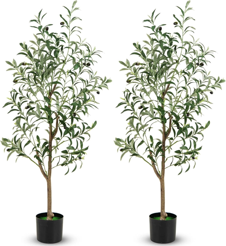 Set di 1/2 alberi di ulivo artificiali, pianta falsa da 130 cm con foglie e frutti realistici, tronco resistente in PE e base stabile, pianta decorativa per interni ed esterni (2)