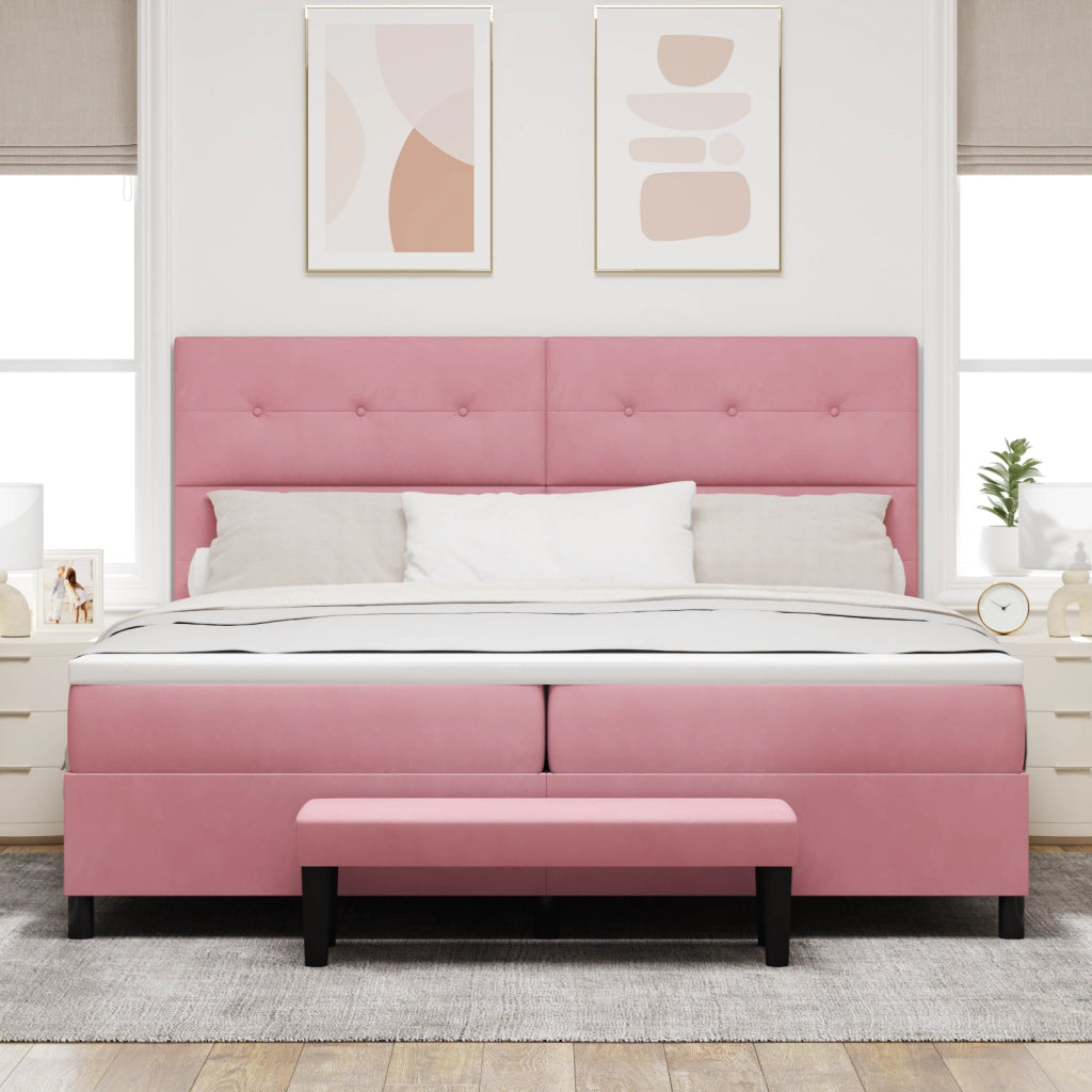 Letto Box Spring con Materasso & Panchina Rosa 200x200 cm Velluto