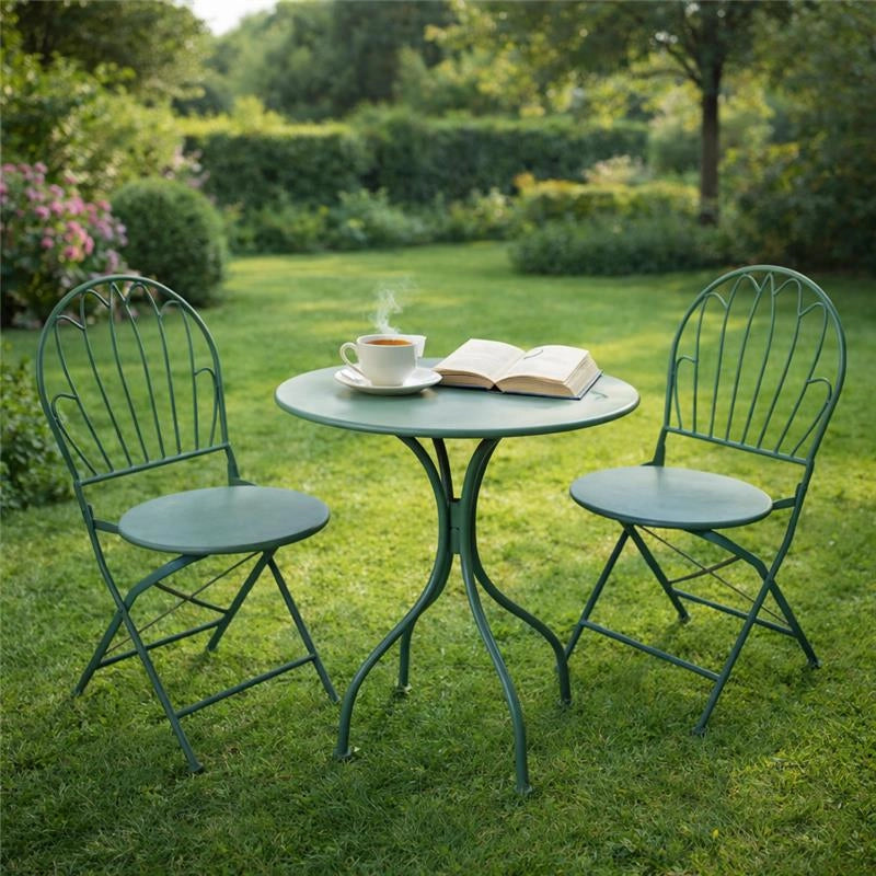 SET DA GIARDINO CON 1 TAVOLO E DUE SEDIE IN METALLO COLORE VERDE