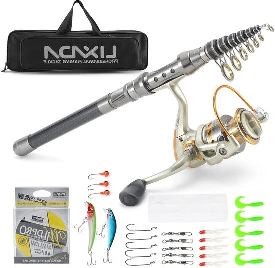 Kit di pesca da spinning completo con combinazione di canna e ruota - con 100 m di filo da pesca - set di ami - testa di jig - zaino da pesca