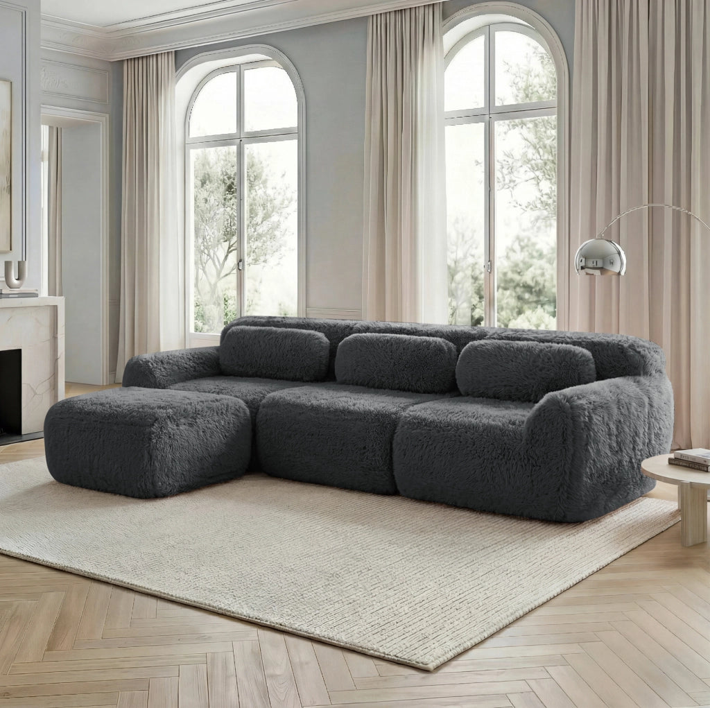 Divano modulare angolare a L 291x179x73 cm in tessuto peluche grigio; senza montaggio