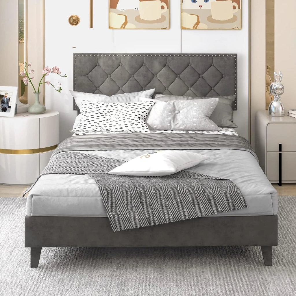 Telaio del Letto a Piattaforma Imbottito, Struttura Letto Moderna con Testiera, con Doghe in Legno, Carico Massimo 450kg (200 x 140 cm)