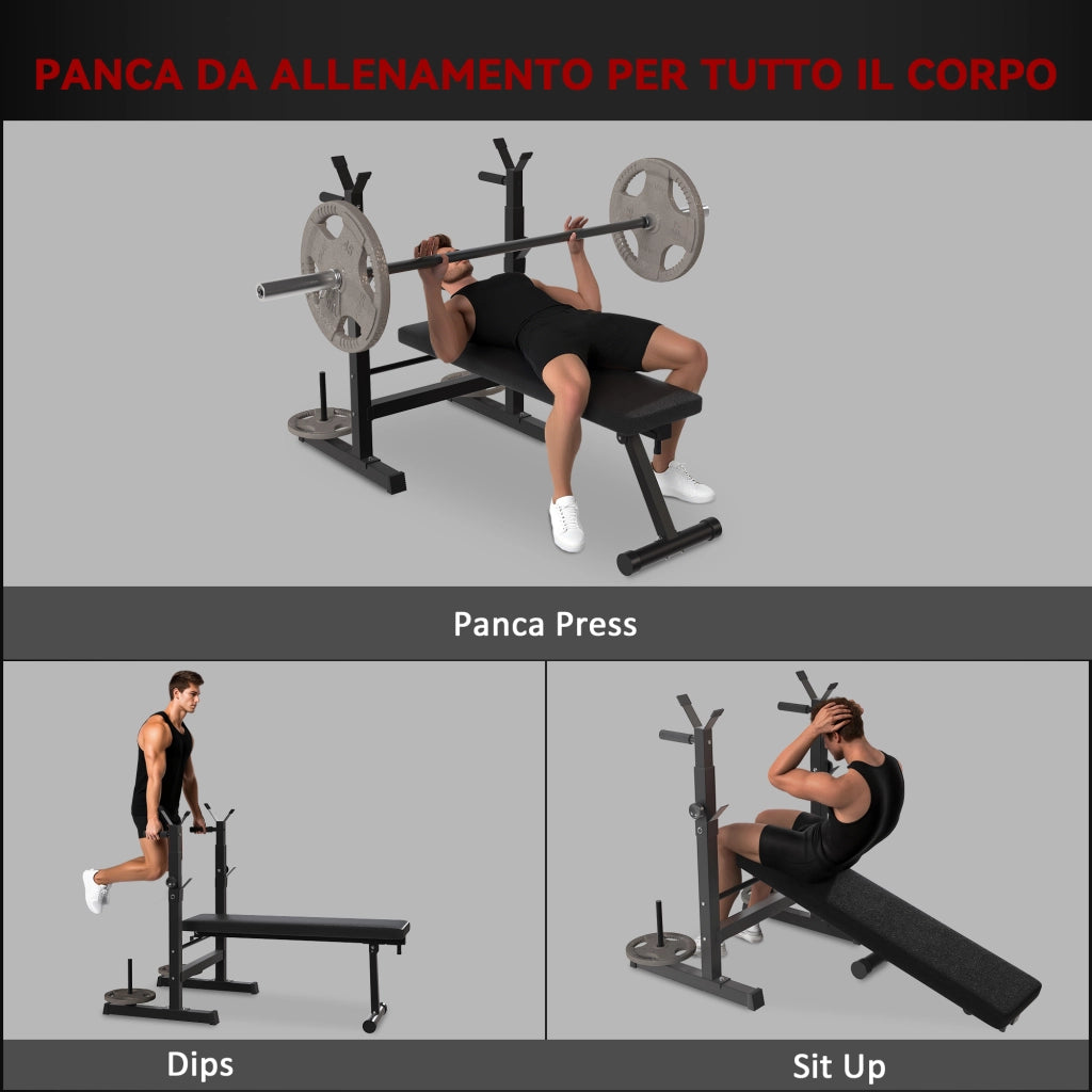 Panca Pesi Pieghevole con 8 Altezze Regolabili e Supporto Bilanciere in Acciaio e PU, 140x73x98-122 cm, Nera