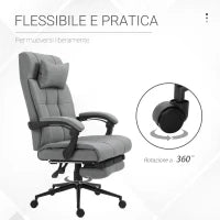 Sedia da Ufficio Ergonomica Reclinabile, Sedia Direzionale con Schiena Alta, Poltrona Ufficio con Poggiatesta e Poggiapiedi Estraibile, 66x76x112-120cm, Grigio