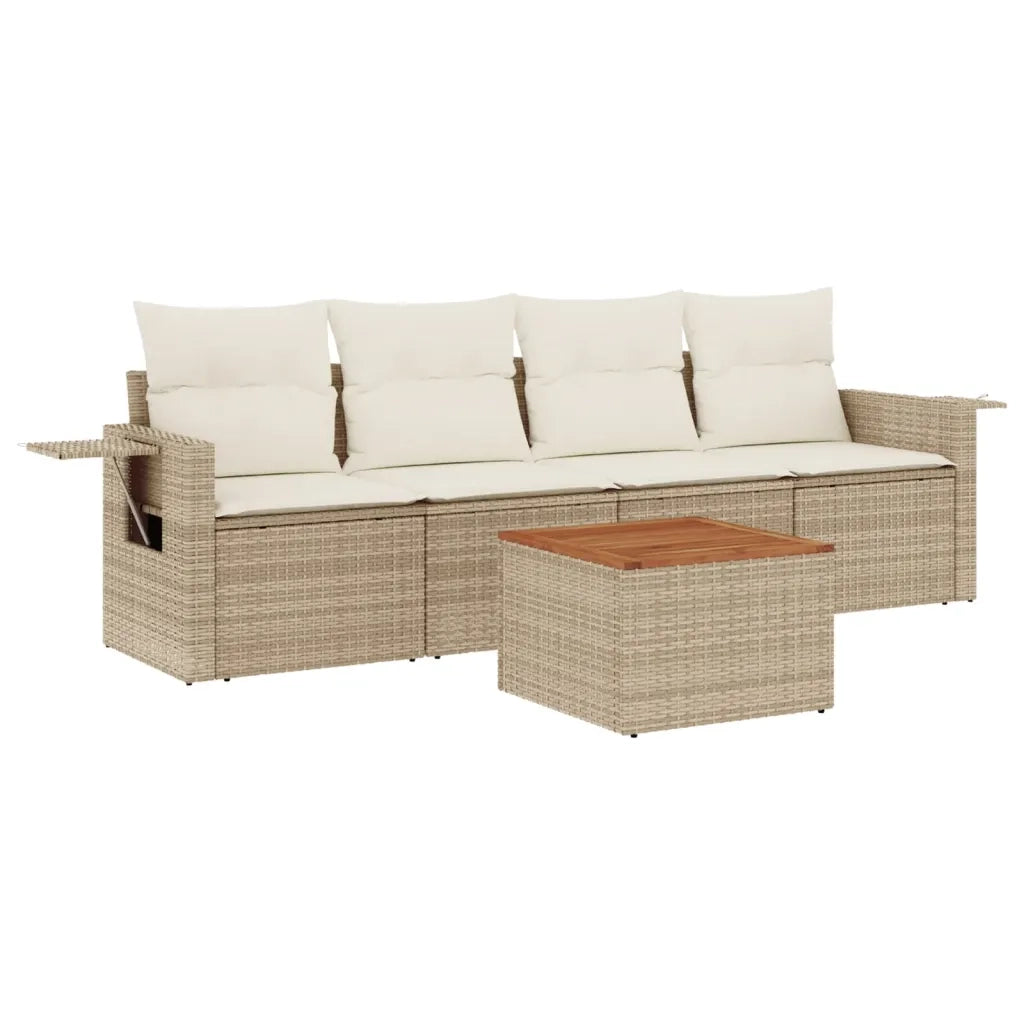 Set Divano da Giardino 5 pz con Cuscini Beige in Polyrattan