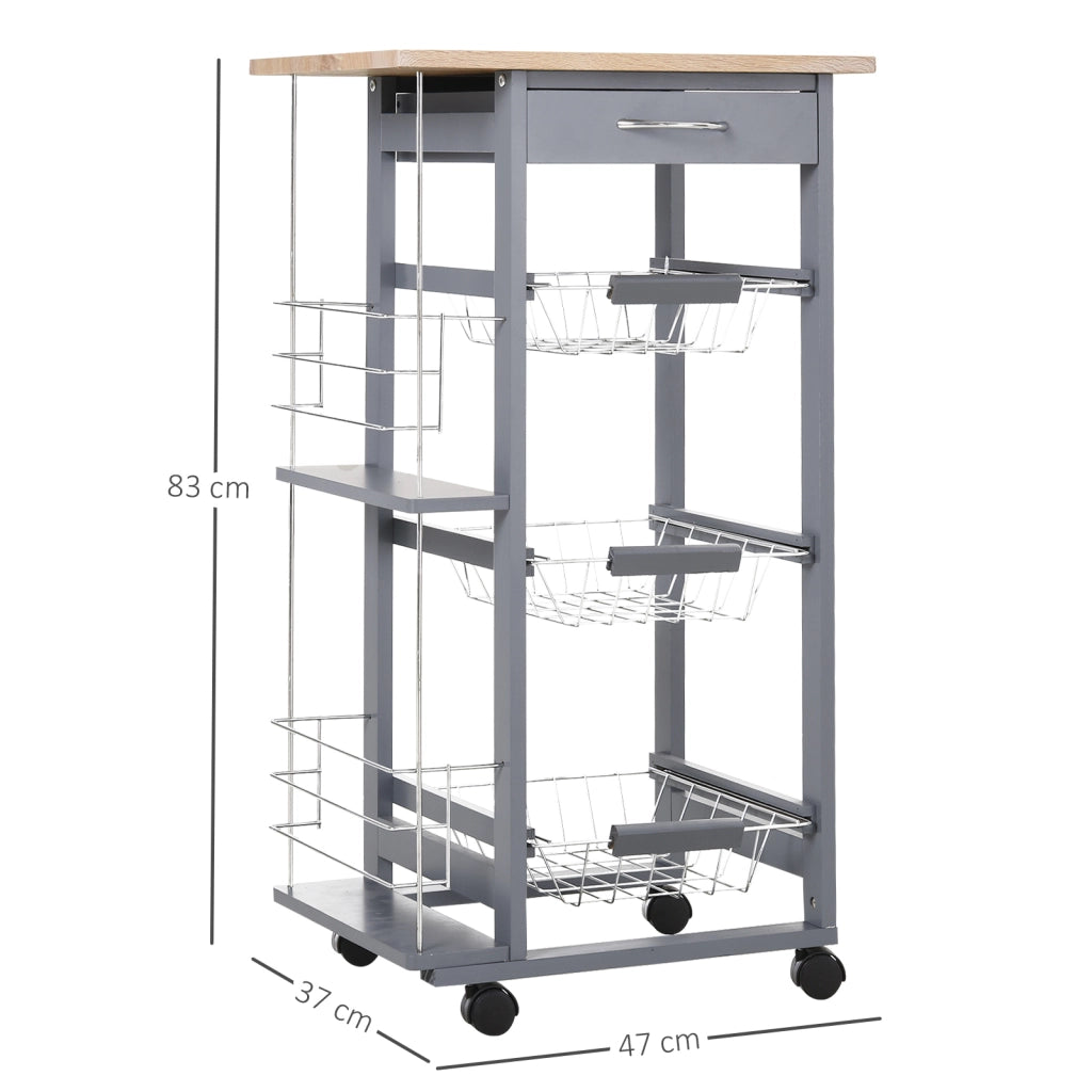 Carrello da Cucina con Cassetti e Portabottiglie ¨C zephmum ¨C Legno di Pino e Metallo 47x37x83