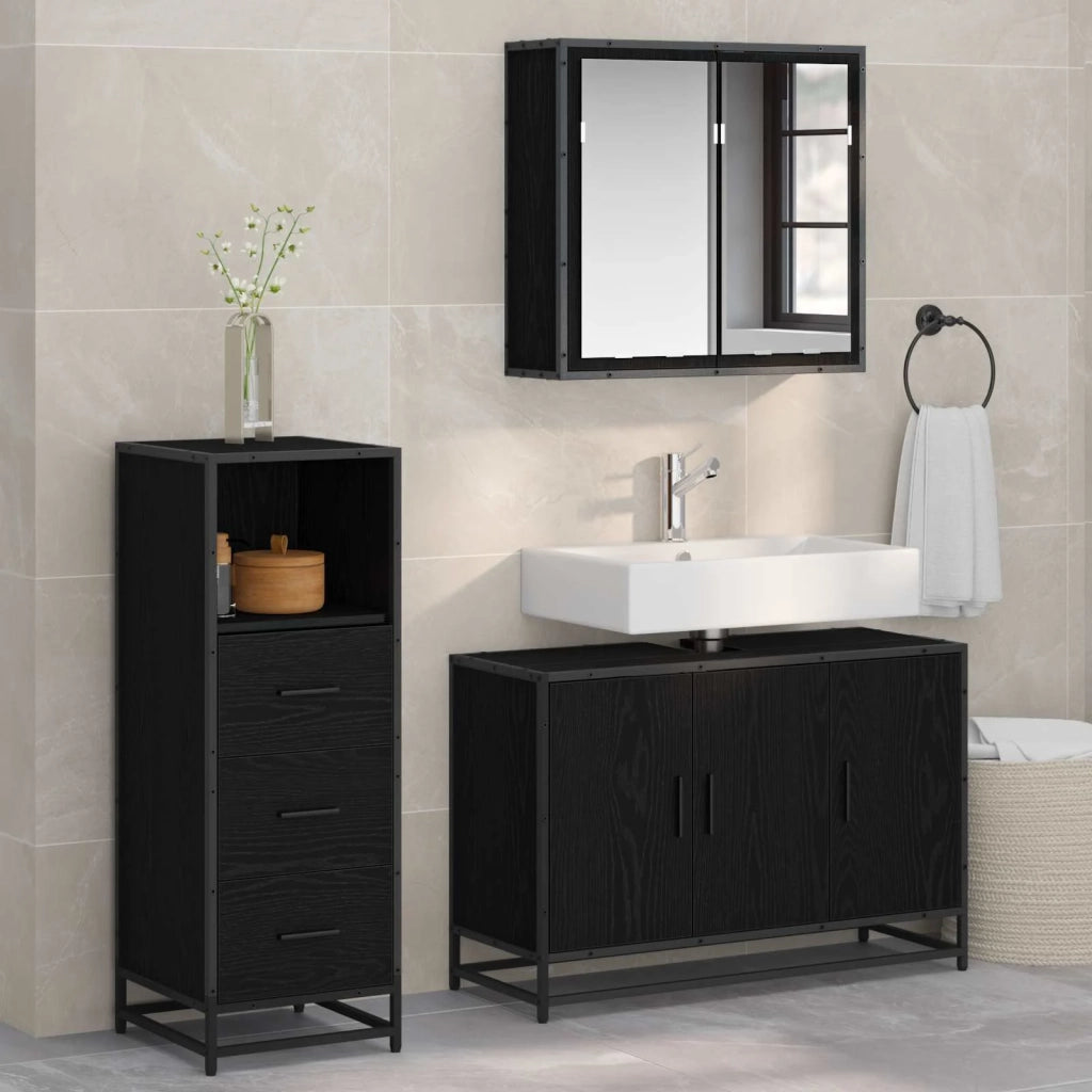 Set di mobili per il Bagno | Armadio da bagno 3 pz Rovere Nero Legno multistrato