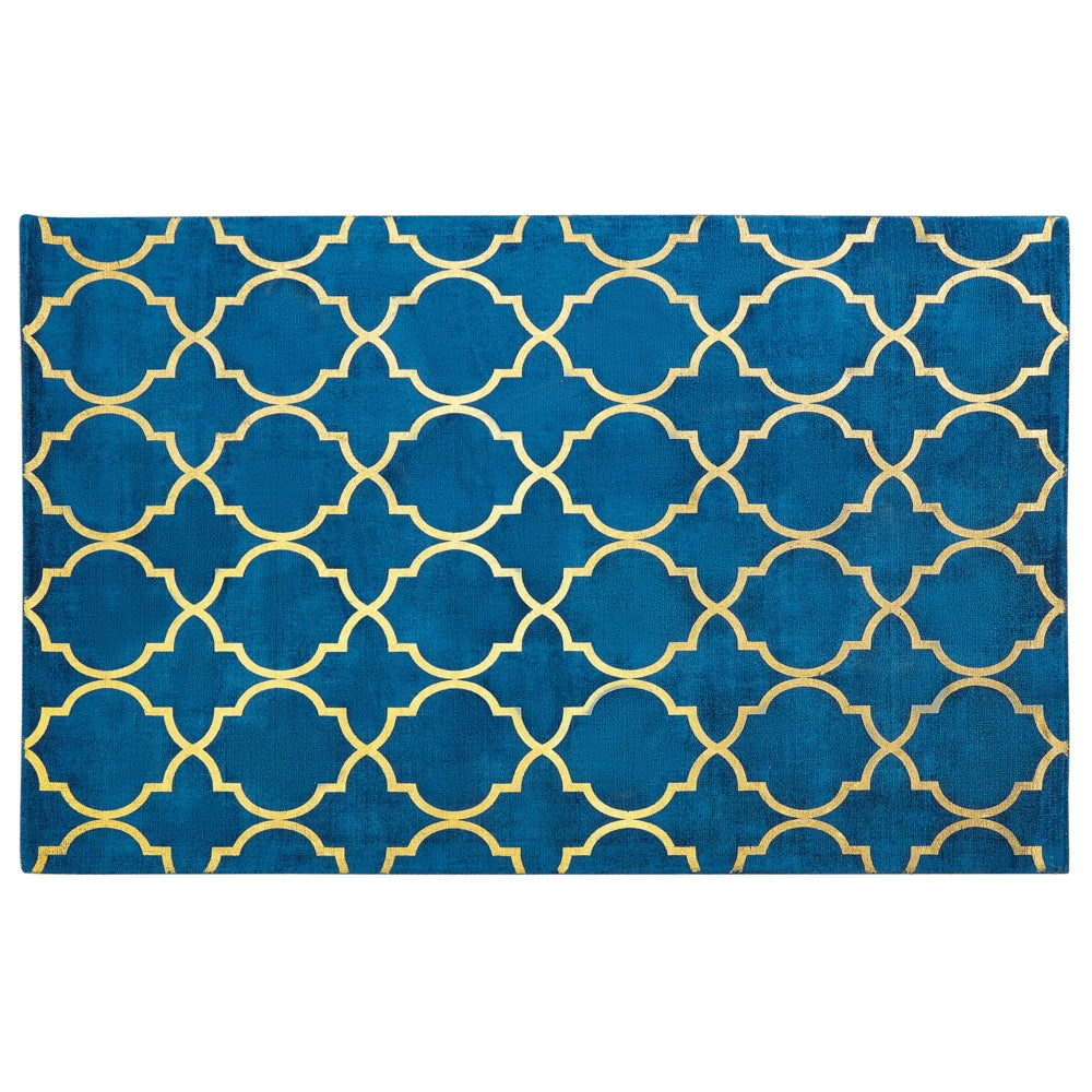 Tappeto Blu con dorato Motivo Quadrifoglio Viscosa con Cotone 140 x 200 cm Stile Modern Glam