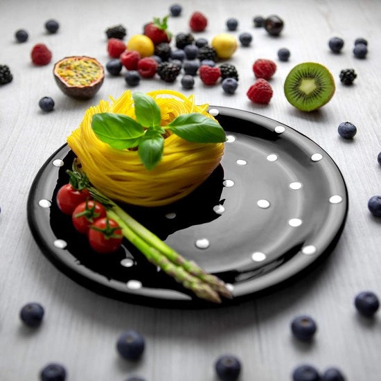 Tavolo da pranzo in ceramica 25,5 cm | Nero e bianco | Punti | Manufatto artigianale | Grande tavolo da pranzo | Servizio da tavola in ceramica

Dimensioni: 25,5 cm 
Modello: 
Materiale: Ceramica