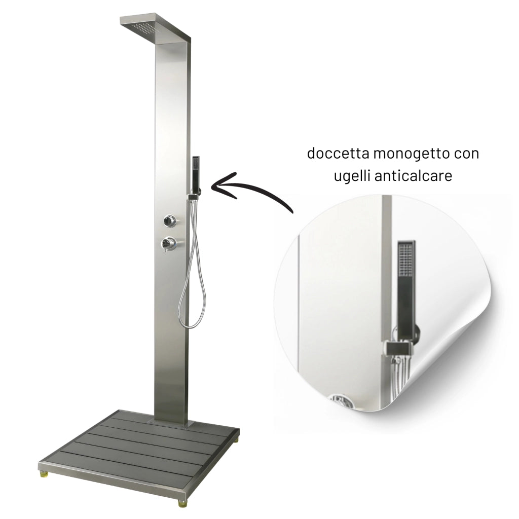 Doccia da esterno inox giardino cedro pavimento con pedana antiscivolo wpc