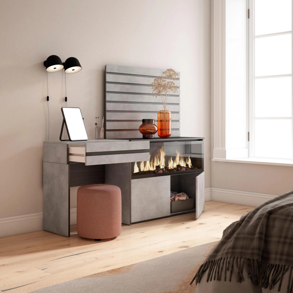 Tavolo da toeletta, 177x35x145cm, Con cassetto, Camino elettrico XXL, Pannelli Decorativi, grigio cemento RF3465