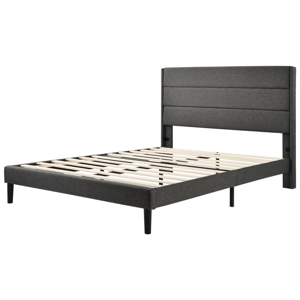Letto imbottito 140x200 cm con materasso, rete a doghe e testiera, design moderno salvaspazio, grigio scuro