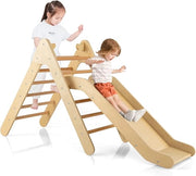 2 in 1 Set da Arrampicata con Scivolo per Bambini, Triangolo di Arrampicata in Legno Regolabile a Gradi, Giocattolo per Arrampicarsi all’Interno, 1 Anno+ (Naturale)