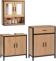 Set di Mobili da Bagno, Armadietto con Specchio, Mobiletto Copricolonna con Ripiano, Mobile da Terra, Armadietto a 2 Ante in Legno e Metallo