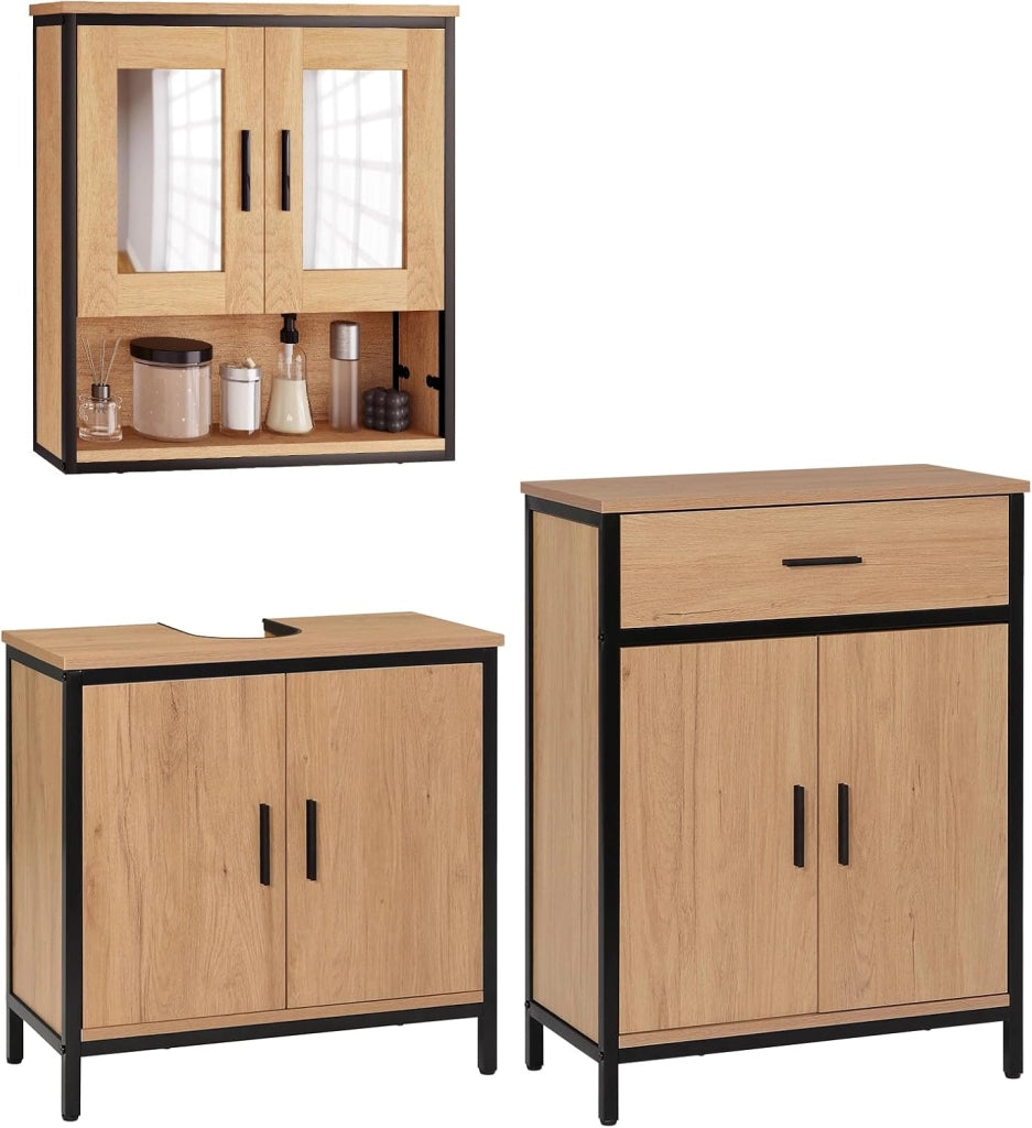 Set di Mobili da Bagno, Armadietto con Specchio, Mobiletto Copricolonna con Ripiano, Mobile da Terra, Armadietto a 2 Ante in Legno e Metallo