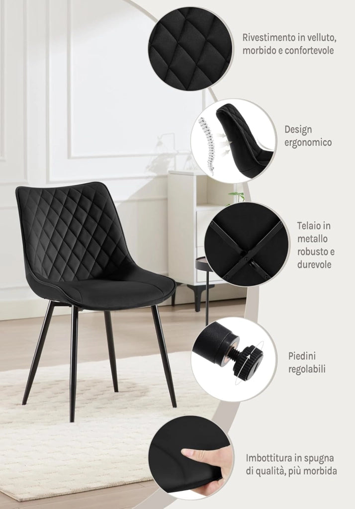 set di 2 sedie cucina moderne sedie imbottite Adatte per Sala da Pranzo, Soggiorno, Camera da Letto Estetica in Tessuto di velluto Nero Metallo BH209sz-2