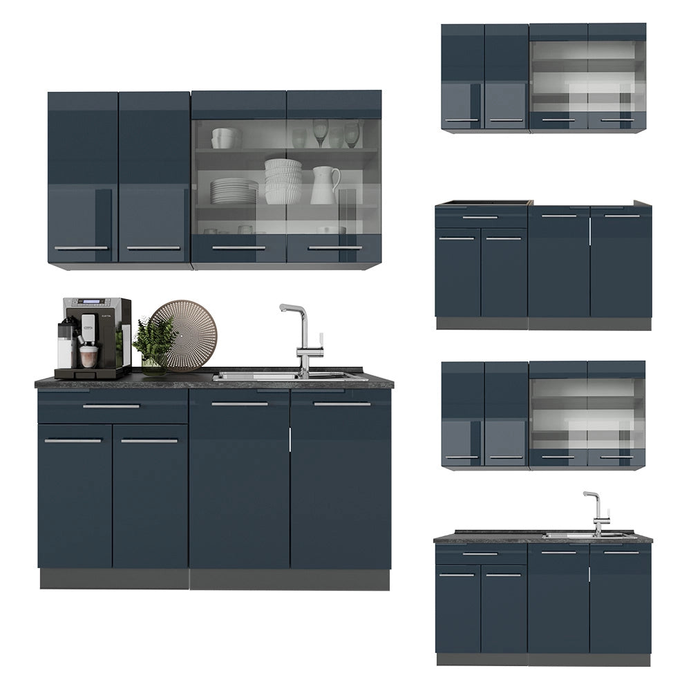 Cucina singola Fame-Line Blu scuro lucido/Antracite 140 cm, PL Marmo Vicco