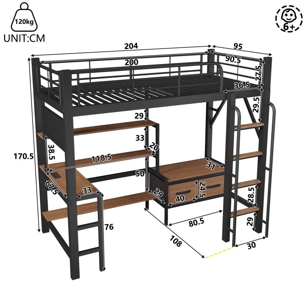 Letto a soppalco 90x200 cm con scrivania; ripiani; LED e USB; nero