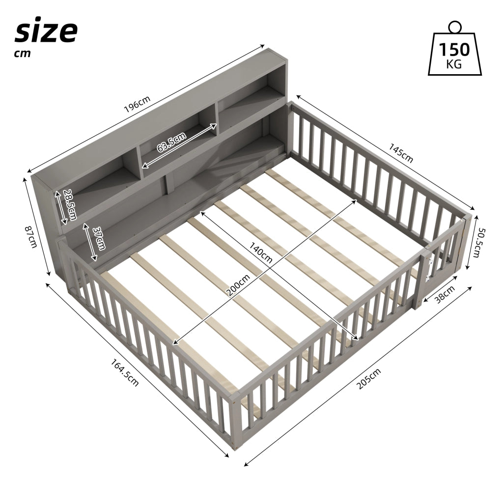 Divano letto 140×200 cm; letto matrimoniale con vani laterali; barriera di sicurezza; senza materasso; in legno di pino e MDF; grigio