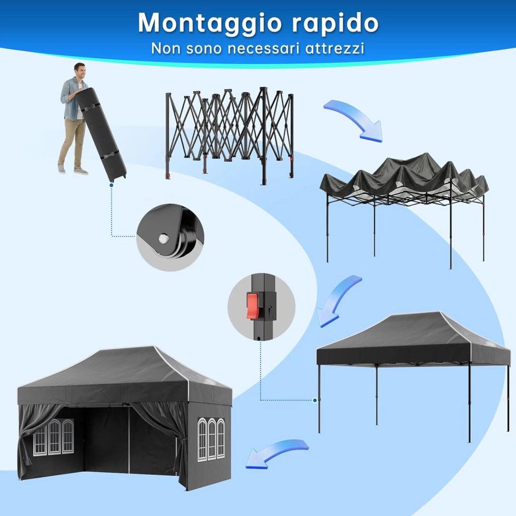 Gazebo 3 x 4.5 impermeabile, stabile, ripido, gazebo pieghevole con pareti laterali, protezione UV 50+, tenda per feste, altezza regolabile, gazebo per giardini, cortili, campeggi