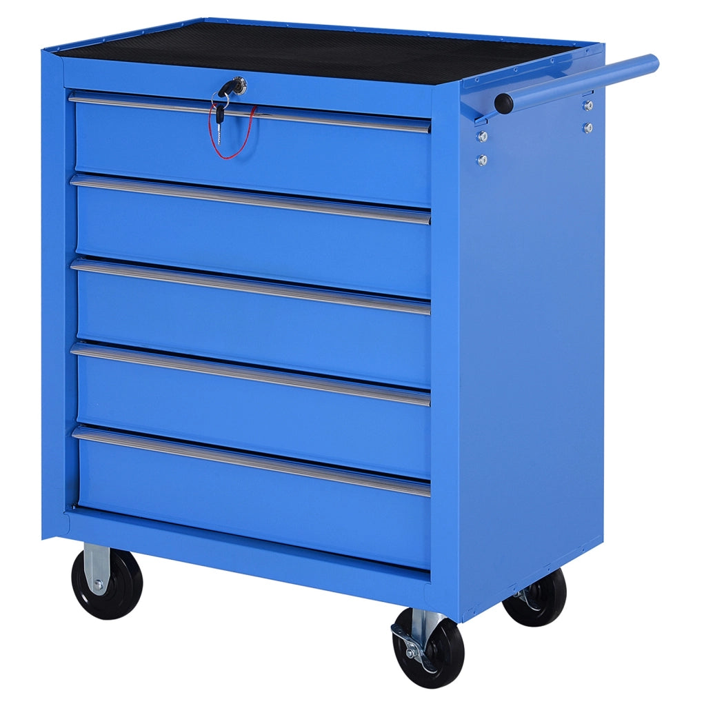 Carrello portautensili in acciaio blu con 5 cassetti e ruote