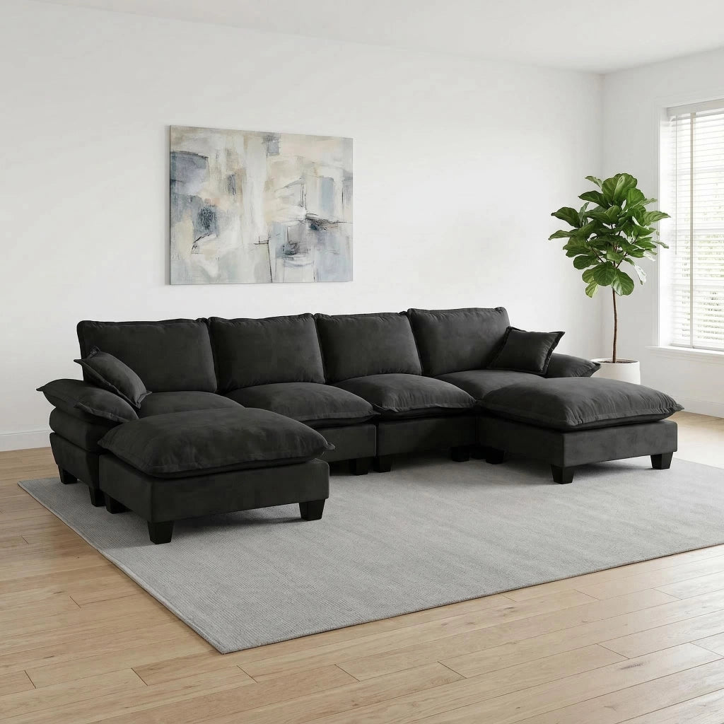 Divano modulare angolare a U con pouf mobile in chenille nero, schienale alto, braccioli larghi, 323 × 151 × 90 cm