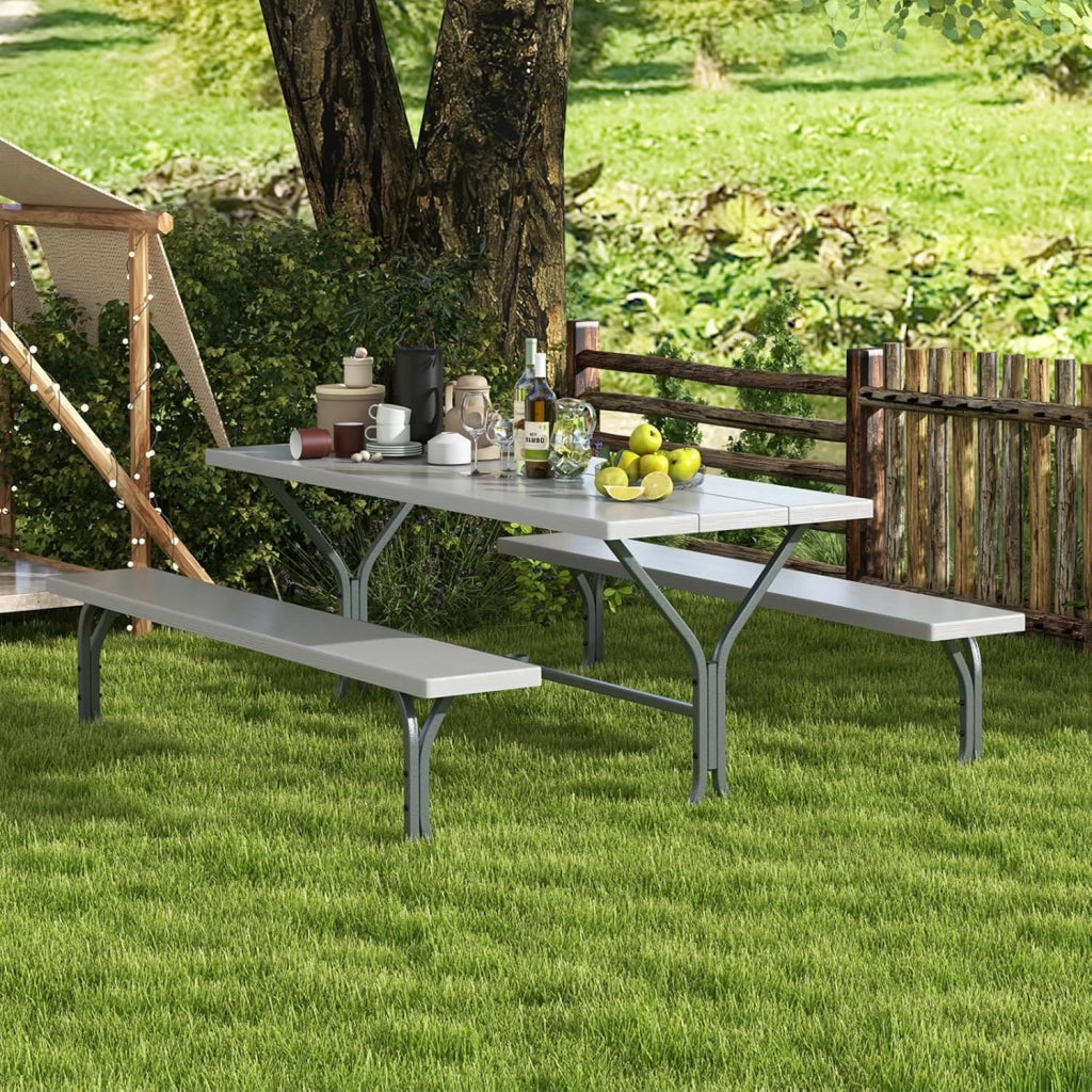 Set Tavolo da Picnic con Panche per 8 Persone, Tavolo da Campeggio con Foro per Ombrellone, Telaio in Metallo, Tavolino da Picnic Rettangolare con Sedute per Patio (Grigio)
