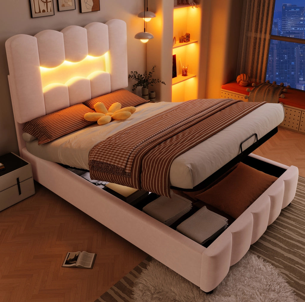 Letto imbottito 90x200 cm con contenitore idraulico; LED e testiera regolabile in velluto rosa