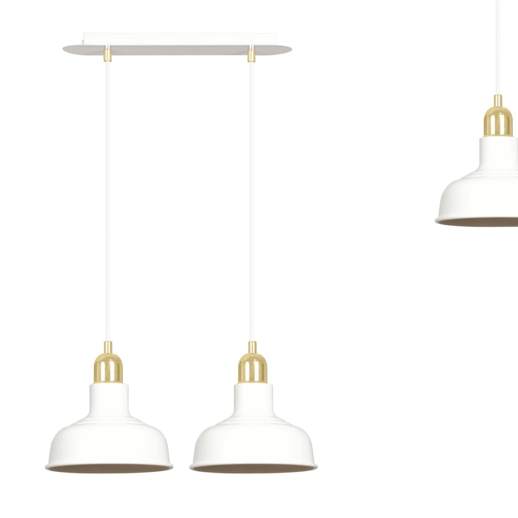 Lampadario Industrial 2 Luci Kubera In Acciaio Bianco Con Elementi In Oro