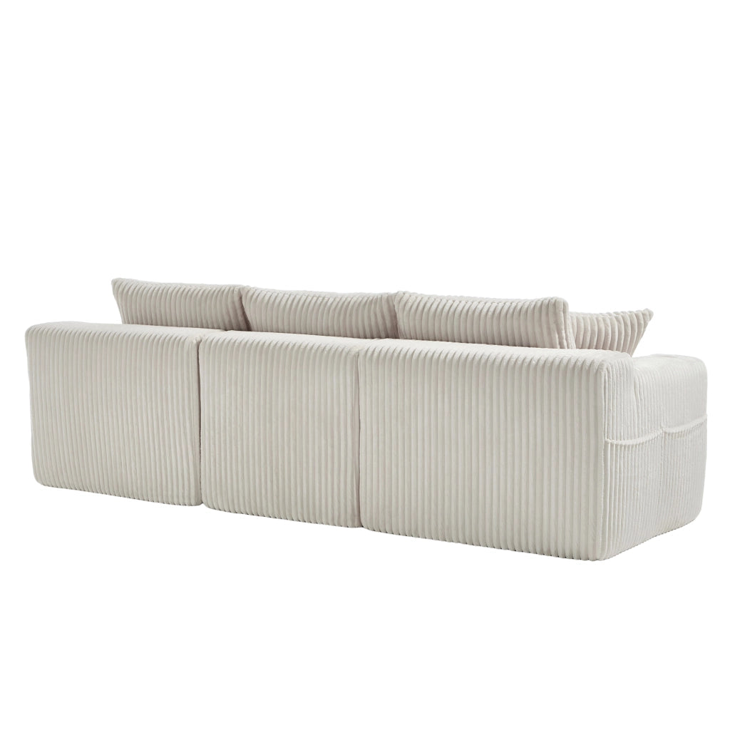 Divano Modulare con Chaise Longue, Tasche Laterali, Portabicchieri e 5 Cuscini, in Velluto a Coste Beige