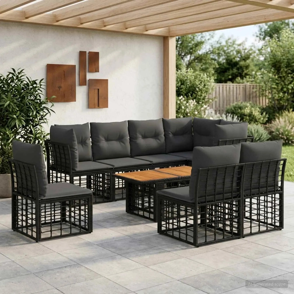 Set Divano da Giardino 9 pz Nero e Grigio scuro polyrattan 3437871
