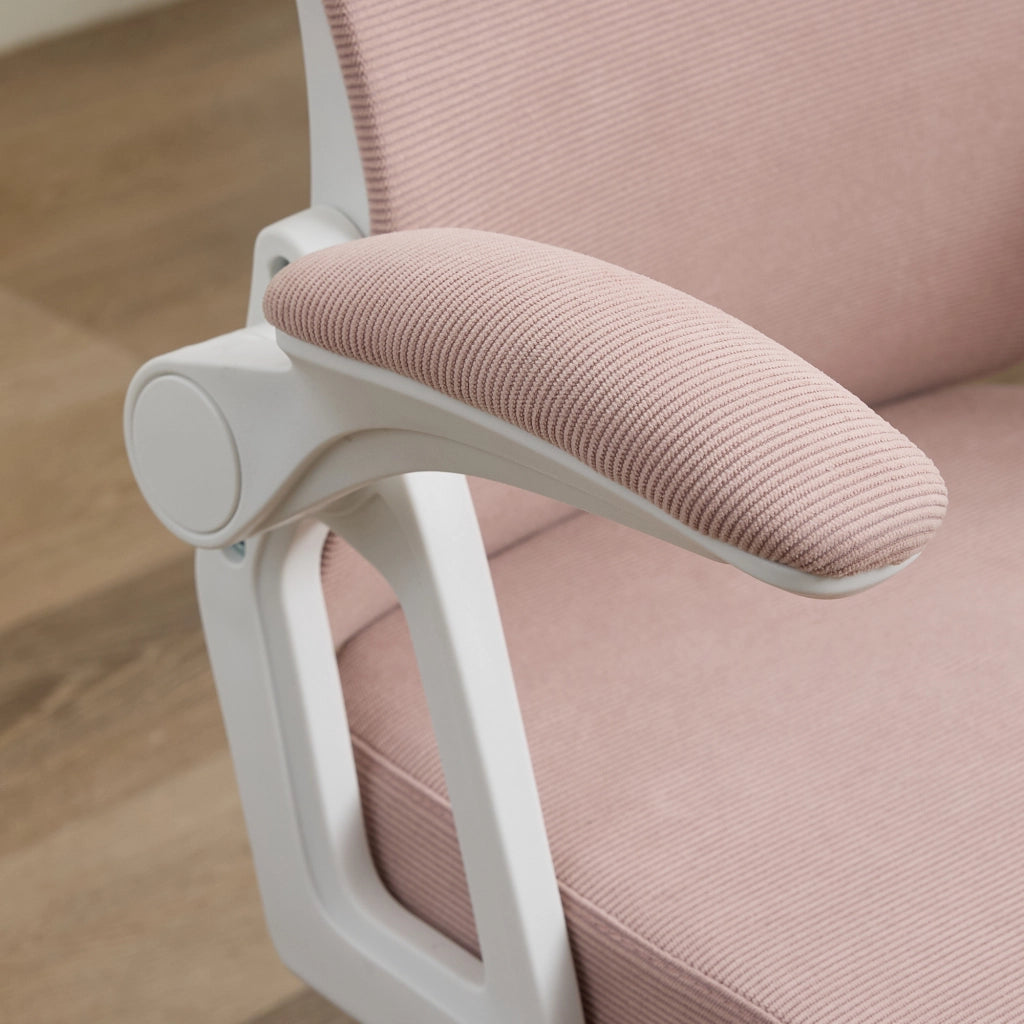 Sedia da ufficio ergonomica in rete con supporto lombare regolabile, braccioli pieghevoli e ruote silenziose rosa