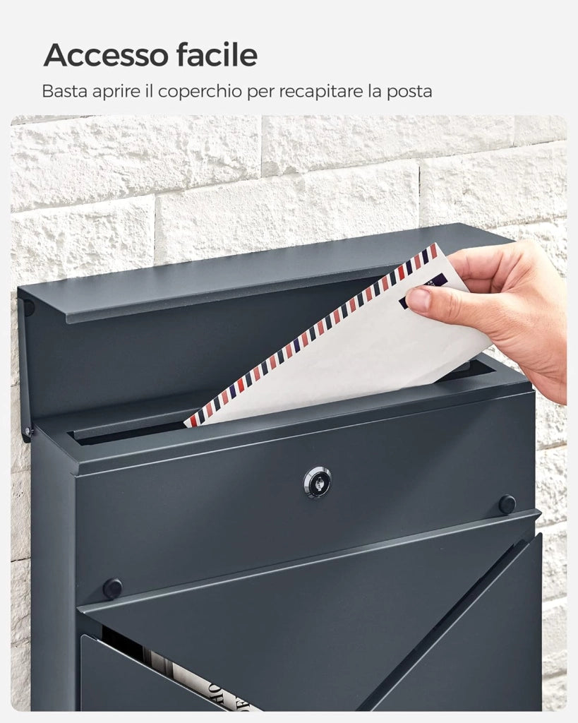 SONGMICS Cassetta Postale, Finestra a V, Cassetta Posta da Parete con Serratura, Coperchio, Vano Portagiornale, Facile da Montare, Grigio Antracite GMB054G01