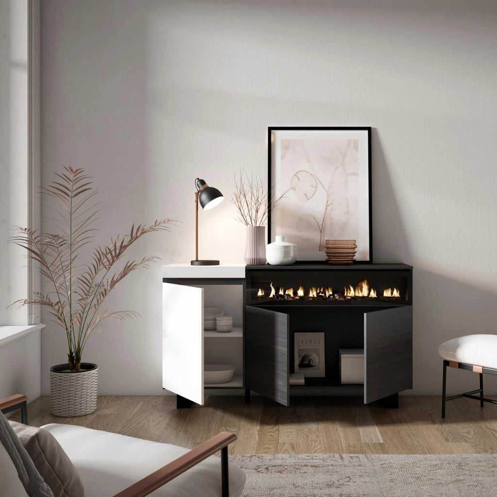 Credenza, Mobile, 150x35x87cm, 3 Porte, Camino elettrico, Design industriale, Bianco e nero RF2507