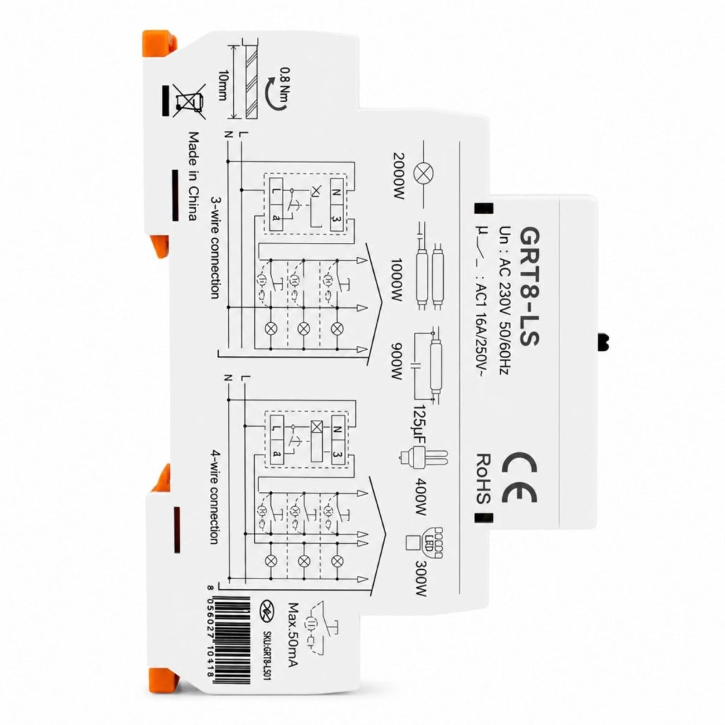 Relè Temporizzato Luci Scale 230V AC, Temporizzatore Auto ON OFF, 16A, 0,5-20 Minuti, 1 Modulo DIN, per Corridoi Ingressi Scale e Ventole Bagno, GRT8-LS