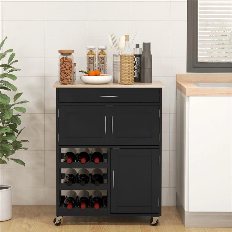CARRELLO DA CUCINA IN LEGNO CON PORTABOTTIGLIE 3 ANTE E CASSETTO 67X37X87 CM NERO E ROVERE