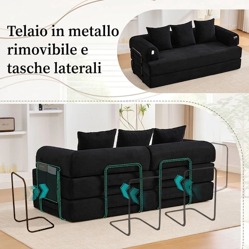 Divano modulare 3 posti 200 cm con struttura in metallo robusta; velluto a coste; nero